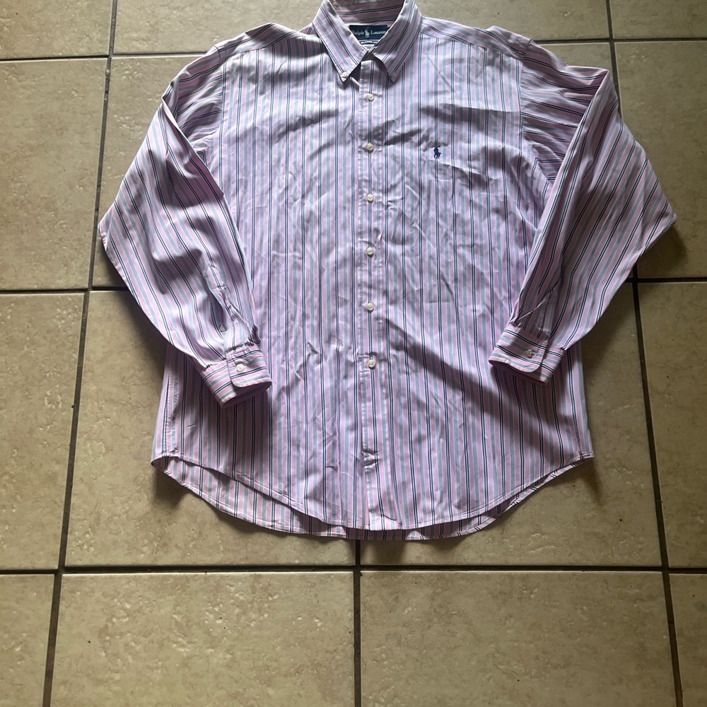 Ralph Lauren Mens Classic Fit Cotton LS Shirt Pink Navy Stripe 16 1/2 L